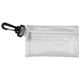 aerial view a frost white mask sanitizing protection pack in translucent zipper kit with plastic hook attachment, image 1 of 2
