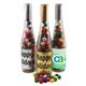 a group of champagne bottle with gumballs