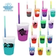 aerial view a group of promotional personalized 12 oz mood plastic stadium cup / straw / lid set, image 1 of 13