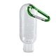 aerial view a clear bottle with green carabiner 1.9 oz clear sanitizer in clear bottle with carabiner, image 1 of 2