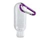 aerial view a clear bottle with purple carabiner 1.9 oz clear sanitizer in clear bottle with carabiner, image 1 of 2