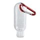 aerial view a clear bottle with red carabiner 1.9 oz clear sanitizer in clear bottle with carabiner, image 1 of 2