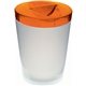a frosted cup & orange lid 12 oz candy jar with lid