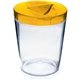 a clear cup & yellow lid 12 oz candy jar with lid