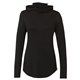 aerial view a black womens sira eco performance knit lightweight hoodie with neck gaiter, image 1 of 5