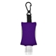 aerial view a purple .5 oz hand sanitizer with eva protector case and clip, image 1 of 2