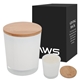 aerial view a white with bamboo lid aws bamboo soy candle, image 1 of 2