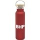 a red 20 oz satin vacuum bottle with bamboo lid