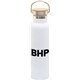 aerial view a white 20 oz satin vacuum bottle with bamboo lid, image 1 of 2