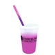aerial view a frosted to pink cup & pink to purple straw 17 oz color changing mood stadium cup / straw / lid set, image 2 of 2