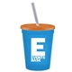 a cyan cup & translucent orange lid & frost straw promotional personalized 16 oz stadium plastic tumbler cup with lid straw