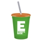 a green cup & translucent orange lid & frost straw promotional personalized 16 oz stadium plastic tumbler cup with lid straw