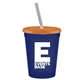 a navy blue cup & translucent orange lid & frost straw promotional personalized 16 oz stadium plastic tumbler cup with lid straw