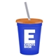 a royal blue cup & translucent orange lid & frost straw promotional personalized 16 oz stadium plastic tumbler cup with lid straw