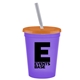 a transparent violet cup & translucent orange lid & frost straw promotional personalized 16 oz stadium plastic tumbler cup with lid straw