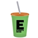 a transparent green cup & translucent orange lid & frost straw promotional personalized 16 oz stadium plastic tumbler cup with lid straw