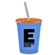 a transparent blue cup & translucent orange lid & frost straw promotional personalized 16 oz stadium plastic tumbler cup with lid straw