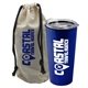 a natural bag & metallic blue tumbler explorer tumbler - 18 oz tumbler with slide - lid in a reusable cotton bag