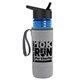a transparent blue bottle & black lid & heather gray insulator the lifeguard - 24 oz pete bottle with flip straw lid