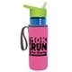 a transparent blue bottle & lime green lid & hot pink insulator the lifeguard - 24 oz pete bottle with flip straw lid
