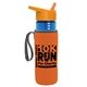 a transparent blue bottle & orange lid & orange insulator the lifeguard - 24 oz pete bottle with flip straw lid