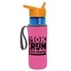 a transparent blue bottle & orange lid & hot pink insulator the lifeguard - 24 oz pete bottle with flip straw lid