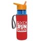 a transparent blue bottle & orange lid & red insulator the lifeguard - 24 oz pete bottle with flip straw lid