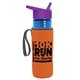 a transparent blue bottle & violet lid & orange insulator the lifeguard - 24 oz pete bottle with flip straw lid