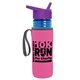 a transparent blue bottle & violet lid & hot pink insulator the lifeguard - 24 oz pete bottle with flip straw lid