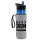 a transparent blue bottle & black-with-blue-spout lid & heather gray insulator the lifeguard - 24 oz pete bottle with flip straw lid