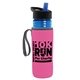 a transparent blue bottle & black-with-blue-spout lid & hot pink insulator the lifeguard - 24 oz pete bottle with flip straw lid