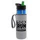 a transparent blue bottle & black-with-green-spout lid & heather gray insulator the lifeguard - 24 oz pete bottle with flip straw lid