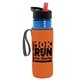 a transparent blue bottle & black-with-red-spout lid & orange insulator the lifeguard - 24 oz pete bottle with flip straw lid