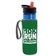 a transparent blue bottle & black-with-red-spout lid & green insulator the lifeguard - 24 oz pete bottle with flip straw lid