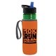 a transparent green bottle & black-with-blue-spout lid & orange insulator the lifeguard - 24 oz pete bottle with flip straw lid