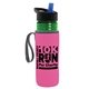 a transparent green bottle & black-with-blue-spout lid & hot pink insulator the lifeguard - 24 oz pete bottle with flip straw lid