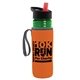 a transparent green bottle & black-with-red-spout lid & orange insulator the lifeguard - 24 oz pete bottle with flip straw lid