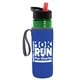 a transparent green bottle & black-with-red-spout lid & royal-blue insulator the lifeguard - 24 oz pete bottle with flip straw lid