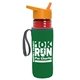 a transparent red bottle & orange lid & green insulator the lifeguard - 24 oz pete bottle with flip straw lid