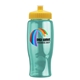 a yellow lid & transparent teal bottle poly - pure - 27 oz transparent bottle with push pull lid and digital imprint