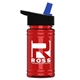 a black-with-blue-spout lid & transparent red bottle upcycle - mini 16 oz rpet sports bottle with flip straw lid