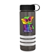 a transparent smoke bottle & black lid & white grip sergeant stripe - 24 oz tritan(tm) bottle with tethered lid, stripe bands, and digital imprint