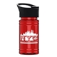 aerial view a black lid & transparent red bottle upcycle - mini 16 oz rpet sports bottle with pop - up sip lid, image 1 of 2