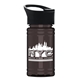 aerial view a black lid & transparent smoke bottle upcycle - mini 16 oz rpet sports bottle with pop - up sip lid, image 1 of 2