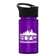 aerial view a black lid & transparent violet bottle upcycle - mini 16 oz rpet sports bottle with pop - up sip lid, image 1 of 2