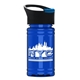 aerial view a black with blue flip tab lid & transparent blue bottle upcycle - mini 16 oz rpet sports bottle with pop - up sip lid, image 1 of 2