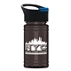 aerial view a black with blue flip tab lid & transparent smoke bottle upcycle - mini 16 oz rpet sports bottle with pop - up sip lid, image 1 of 2