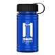 aerial view a black lid & transparent blue bottle upcycle - mini 16 oz rpet sports bottle with tethered lid, image 1 of 2