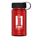aerial view a black lid & transparent red bottle upcycle - mini 16 oz rpet sports bottle with tethered lid, image 1 of 2