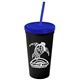 a black cup & translucent blue lid & translucent blue straw promotional personalized 24 oz stadium plastic tumbler cup with straw and lid